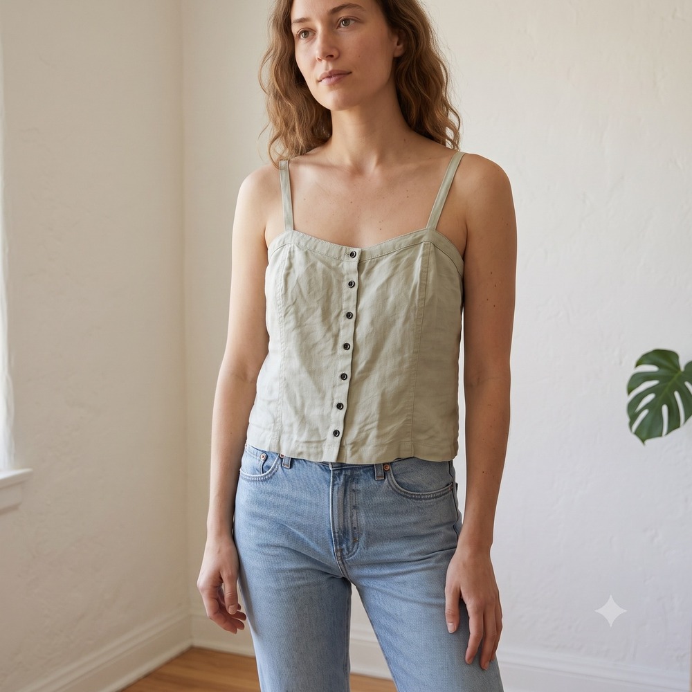 Everlane Womens Picnic Top 6 Sage Green Button Front Linen Cami Minimalist